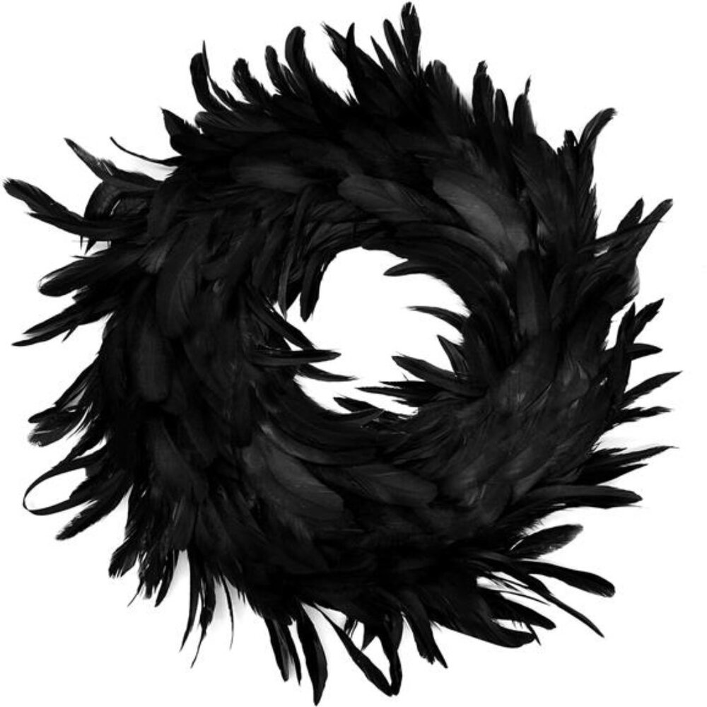 New 13.5" Black Natural Feathers Wreath for Halloween Decorations, Spooky